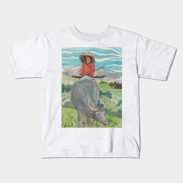 Girl Rides On Water Buffalo Vietnam Countryside Kids T-Shirt by Wall-Art-Sketch